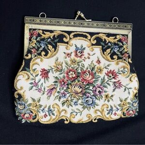 Vintage Floral 1950s Tapestry Purse No Chain Black With Metal Clasp